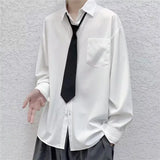 TRYESS White Solid Shirts With Tie Men's Oversize Long Sleeve Casual Cardigan Fashion Spring Autumn Blouses Unisex Daily All-match Tops