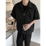 Tryess-Summer Short Sleeved Shirt Men Fashion Oversized Zip Shirt Men Korean Loose Black White Dres Shirts Mens Ice Silk Shirt M-2XL