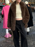 Deep Brown Big Lapel Faux Fur Women Coat Fashion Solid Fluffy Long Sleeved Thick Warm Jacket 2024 Winter Lady Casual Streetwear