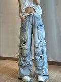 Tryess-Light blue washed ripped multi-pocket high street cargo pants women 2024 aesthetic fashion American retro wide leg baggy jeans