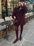 Vintage Faux Fur Thicken Midi Coat Women Burgundy Long Sleeve Lapel Loose Warm Coat 2024 New Winter Chic Street Female Outerwear