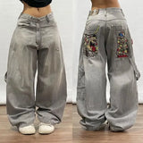 Tryess- Streetwear y2k 90s Fashion Aesthetic Gothic Pattern Embroidery Casual High Waist Jeans y2k baggy Korean Streetwear Women Punk Rock Pants Autumn and Winter