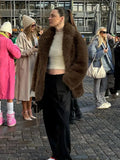 Deep Brown Big Lapel Faux Fur Women Coat Fashion Solid Fluffy Long Sleeved Thick Warm Jacket 2024 Winter Lady Casual Streetwear