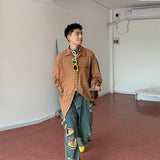 TRYESS  Holocene American trendy Korean version orange plaid shirt Men's long sleeved loose and versatile lazy coat streetwear