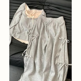 Tryess-2024 New Bow Design Super Sweet High Waist Slim Wide-leg Pants Two-piece Spring Korean Style Wear Grey Casual Shirt Women's