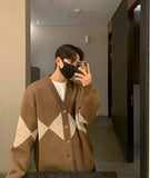 Tryess- V-Neck Argyle Knitted Cardigan