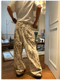 Tryess- Washed Leopard Wide-Leg Denim Pants