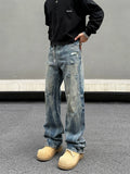 Tryess- Washed Ripped Straight-Leg Denim Pants