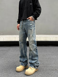 Tryess- Washed Ripped Straight-Leg Denim Pants