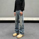 Tryess- Washed Ripped Straight-Leg Denim Pants