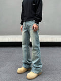 Tryess- Washed Straight Leg Distressed Denim Pants