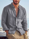 TRYESS- Solid Color Casual Lapel Pocket Decorated Cardigan Linen Cotton Linen Loose Casual Retro Men's Long-sleeved Shirt